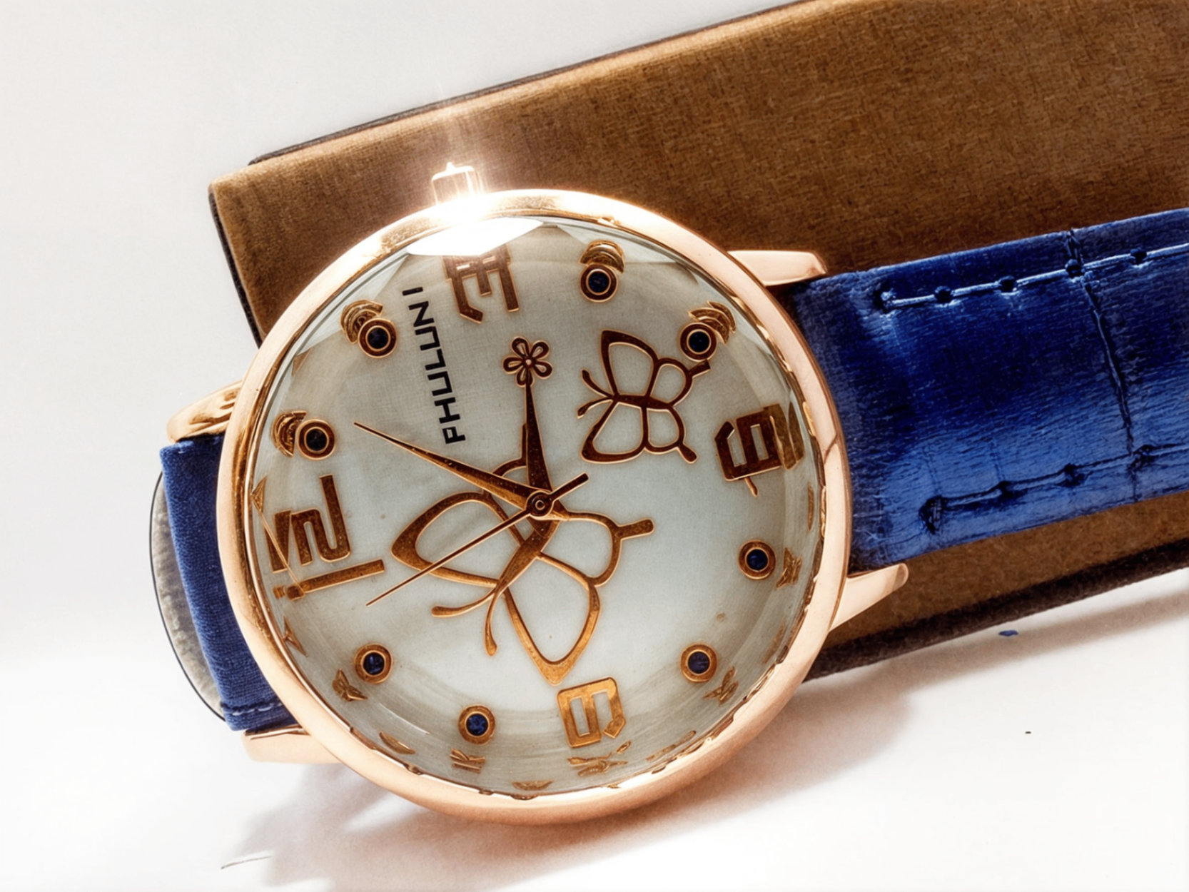 blue color watch with butterfly and brown background