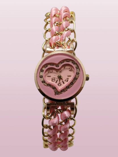 Golden Bracelet With Baby Pink Ribbon Watch For Women