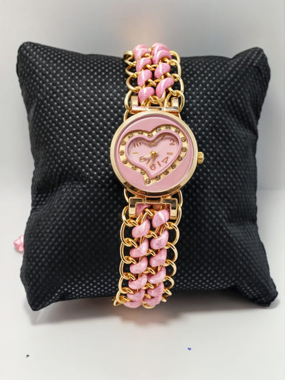 Golden Bracelet With Baby Pink Ribbon Watch For Women