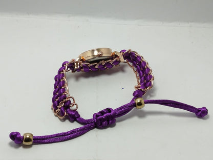 Golden Bracelet With Purple Ribbon Watch For Women