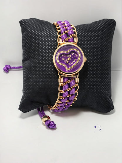 Golden Bracelet With Purple Ribbon Watch For Women