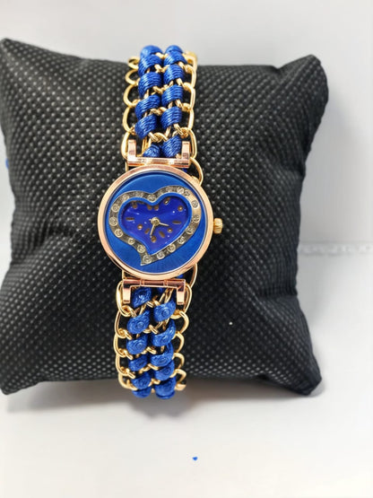 Golden Bracelet With Blue Ribbon Watch For Women