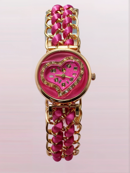 Golden Bracelet With Pink Ribbon Watch For Women