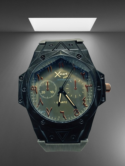 watch with arabic numerals with grey background and light shining above 